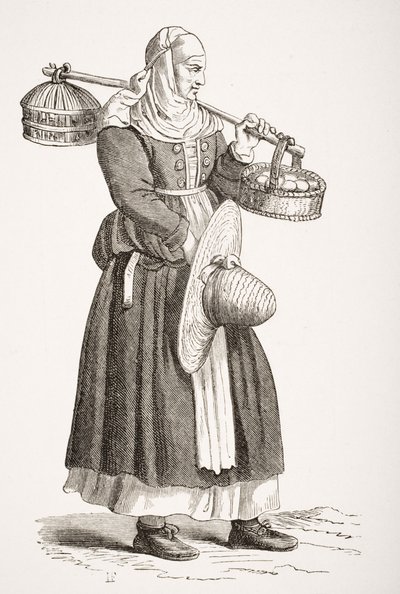 Tojáskereskedő, Cesare Vecellio (1521-1601) 16. századi fametszete nyomán Paul Lacroix (1806-84) "Le Moyen Age et La Renaissance" című művéből, 1847-ben. alkotó: French School