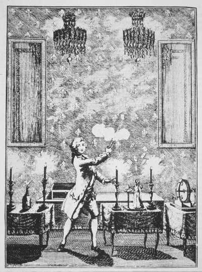 A varázslás bemutatója a La magie Blanche devoilee-ből, Decremps, 1659, a 19. század végén megjelent A mágiatörténetben illusztrálva alkotó: French School