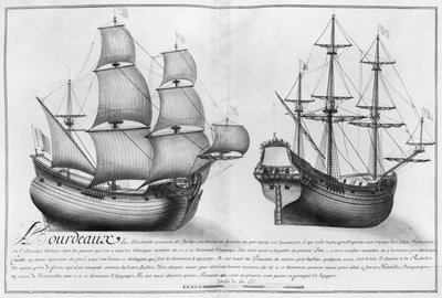 Egy holland bolthajó és egy pinasse, Bordeaux, illusztráció a „Desseins des differentes manieres de ships ... from Nantes to Bayonne...” című könyvből, 1679 (ceruza és wc papíron) alkotó: French School