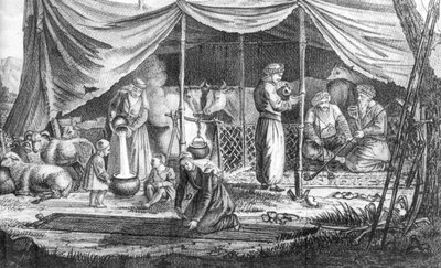 A kurd nomádok családja, Gaspard Drouville Voyage en Perse című művéből, 1825-ben alkotó: French School