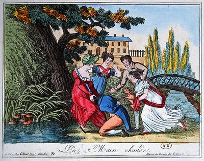 A "La Main Chaude" ("Forró kakas") játék, XIX. század eleje (színes metszet) alkotó: French School