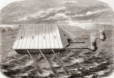 Egy görög tűzoltóhajó, egy 13. századi latin kézirat rajza alapján, a Les Merveilles de la Science-ből, 1870 körül megjelent (metszet) alkotó: French School