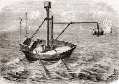 Egy görög tűzoltóhajó, egy 13. századi latin kézirat rajza alapján, a Les Merveilles de la Science-ből, 1870 körül megjelent (metszet) alkotó: French School