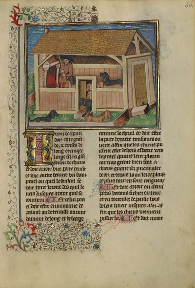 Kenneled kutyákat ápoló vadász, 1430-40 körül (tempera, arany, ezüst festék és levél pergamenen) alkotó: French School