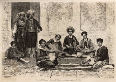 Egy zsidó zenekar, Tlemcenben, változatlanul 5 hangszerből áll: a rbab 2 húron áll; a kouistra, egyfajta lant; a kamendja vagy hegedű; a centihr, egyfajta lapos trapéztok és a derboucha, egyfajta tambura a földben; az összes mu alkotó: French School