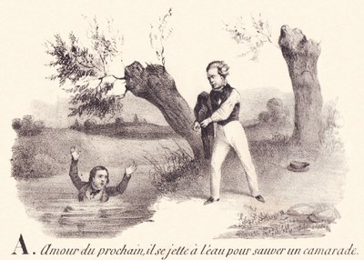 V: Felebaráti szeretet, a vízbe veti magát, hogy megmentsen egy elvtársat. alkotó: French School