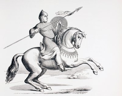 Láncpostába és sisakba öltözött normann lovag, lándzsát és pajzsot hordozó, 1873 alkotó: French School
