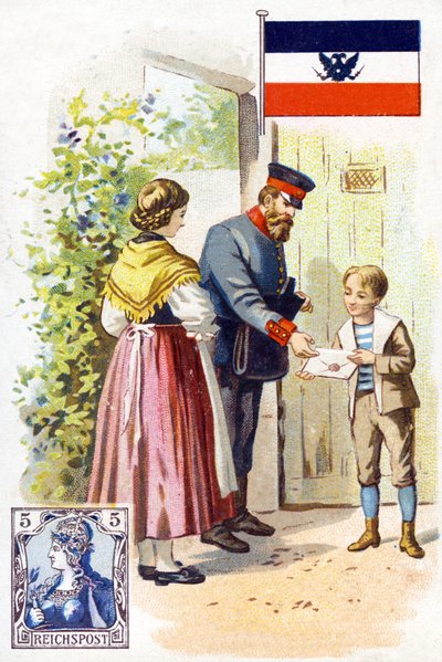 Egy postás Németországban, aki levelet kézbesít, 19. század végén alkotó: French School