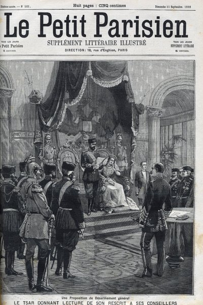 Javaslat az általános leszerelésre (az európai hatalmaknak) – II. Miklós cár (1868-1918) felolvassa tanácsadóinak recenzióját. Le Petit Parisien alkotó: French School