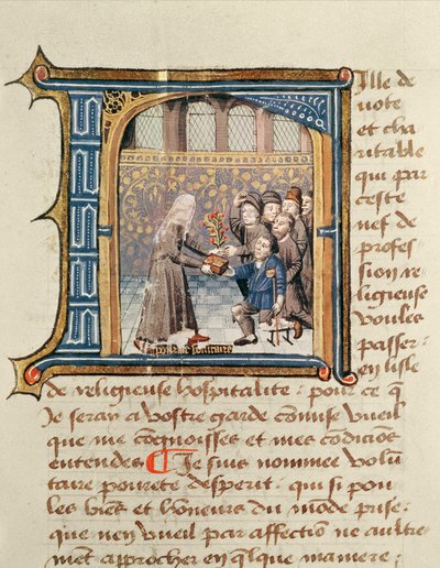 Egy nővér, aki ajándékokat kap a betegektől, a Le Livre de Vie Active de lHotel Dieu de Paris-ból, Jean Henry, 1482 körül alkotó: French School