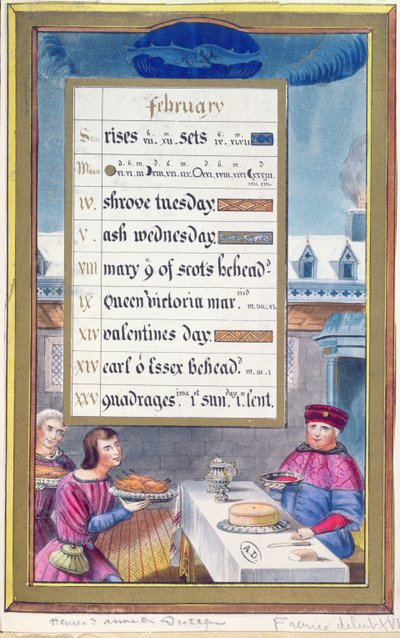 Viktoriánus naptárlap februárra Anne de Bretagne (1488-1514) óráinak könyvéből készült illusztrációval alkotó: French School