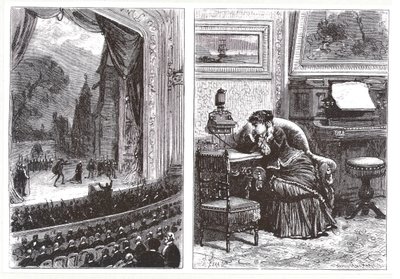 Egy nő operaelőadást hallgat saját otthonában Ader-Bell telefonnal és Aders-elrendezéssel a zene közvetítésére, Louis Figuier Les Nouvelles Conquetes de la Science című művéből, alkotó: French School