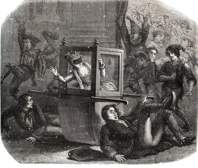Egy csapat joker megakadályozza, hogy Marie-Therese (Marie Therese) Le Vasseur (Levasseur) (1721-1801), a karneváli jelmez ne haladjon a tolószékben. Az egyik volt szerető bosszújának áldozata. 1871-ből származó metszet a „Histoire Des Cocus C alkotó: French School