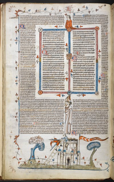 A Smithfield Decretals, Royal 10 E. IV, f.18v egy kastélyba akaró betörni próbáló férfit bemutató jelenet, akit az egyik védő megöl. alkotó: French School
