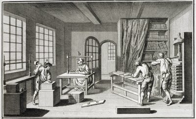 Bukmékerek műhelye Denis Diderot (1713-84) Encyclopedie des Sciences et Metiers-ből, 1770 körül. alkotó: French School