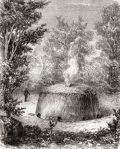 Egy faszén kemence az erdőben, egy 19. századi rajz után, a Les Merveilles de la Science-ből, 1870 körül megjelent (metszet) alkotó: French School