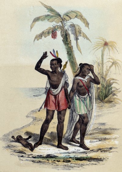 Egy pár és egy baba a tengerparton; illusztráció a Marquises számára, M. E Fouinet „Les twelve Nations” című könyvében alkotó: French School