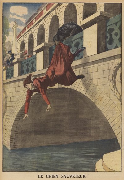 Egy kutya megment egy nőt a hídról való leeséstől (színes litho) alkotó: French School