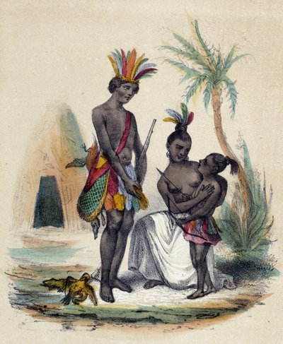 Kanadai indiánok családja pólóik előtt; illusztráció Kanadához, M. E. Fouinet „The twelve Nations” című könyvében alkotó: French School