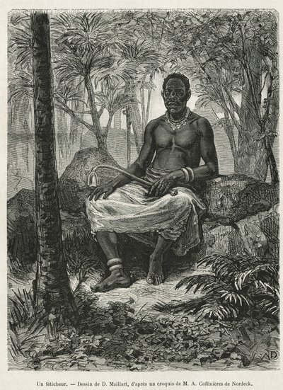 Egy feticheur, a fetiche varázserejét használni képes varázsló, D. Maillart rajza, Alfred Marche 1875-1877-es gaboni és Ogoue-folyó menti utazásának történetét illusztrálja. Metszet a Le tour du monde-ban alkotó: French School