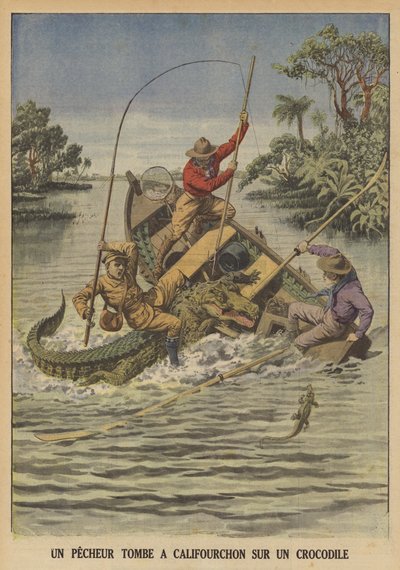 Egy horgász egy krokodilra zuhan, miután az felborította a csónakját (színes litho) alkotó: French School