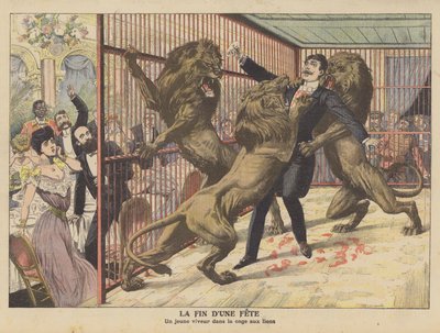 Egy bolond fiatalembert oroszlánok támadtak meg, miután belépett a ketrecükbe (színes litho) alkotó: French School