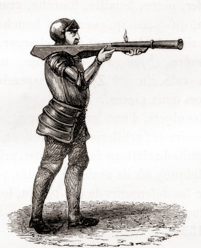 Egy gyalogos katona kézi bombázóval, 14. és 15. század végén, egy 19. századi rajz után, a Les Merveilles de la Science-ből, 1870 körül (metszet) alkotó: French School