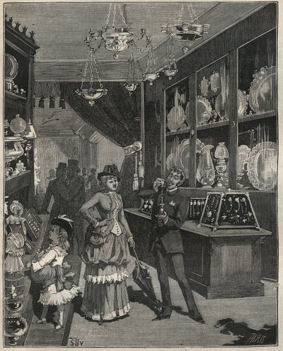 Egy aranybolt Franciaországban a 19. században. Metszet 1885-ből Adolphe BITARD „” Les arts et metiers illustres” című könyvébe. alkotó: French School