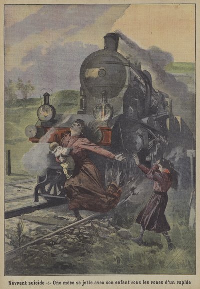 Szívszorító öngyilkosság: egy anya egy gyorsvonat kerekei alá veti magát és gyermekét (színes litho) alkotó: French School