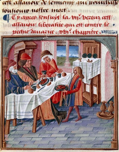 Egy férfi megosztja az asztalát egy szegény rászorulóval Miniatűr a „Le livre de bonnes moreurs de Jacques Legrand” 1490 Chantilly, Musee Conde-ból alkotó: French School