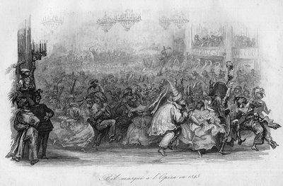 Álarcos bál a párizsi operában 1843-ban. (Marc-Antoine Madeleine Desaugiers "" Le carnival"" dala) in "" - CHANS et CHANS POPULES DE LA FRANCE - 1843 - H.- L. DELLOYE, kiadó, LIBRAIRIE DE GARNIER. alkotó: French School
