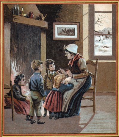 Egy anya történeteket mesél gyermekeinek a tűz mellett. A „Les tales du foyer pour les petits”” című könyv borítója. századi névtelen metszet. alkotó: French School