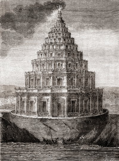 Az alexandriai világítótorony, más néven alexandriai Pharos, a Ptolemaioszi Királyság által Kr.e. 280 és 247 között épített világítótorony tizenkilencedik századi képzeletbeli ábrázolása a „Les Merveilles de la Science”-ből, 1870 körül megjelent (metszet) alkotó: French School
