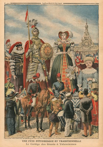 Festői és hagyományos lakoma, az óriások körmenete Valenciennes-ben, illusztráció a „Le Petit Journal”-ból, illustre-melléklet, 1910. július 10. (colout litho) alkotó: French School