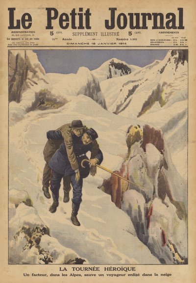 Egy postás megment egy, a hóban elveszett utazót az Alpokban (színes litho) alkotó: French School