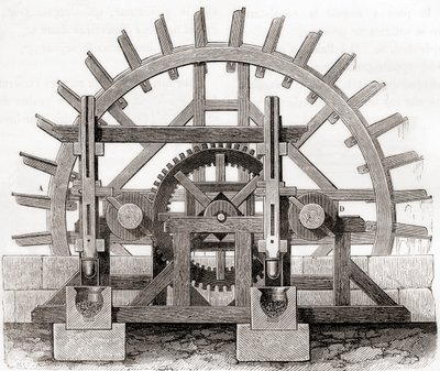 Pormalom és vízi kereke, egy 19. századi rajz alapján, a Les Merveilles de la Science-ből, 1870 körül (metszet) alkotó: French School