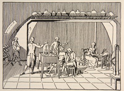 Légzési kísérlet Lavoisier laboratóriumában, Boris Mestchersky (†1957) illusztrációja a Histoire de la Nation Francaise, Sciences, I. és II. kötetből, Gabriel Hanotaux (1853-1944) alkotó: French School