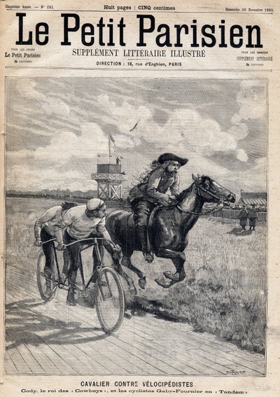 Egy lovas a velocipedisták ellen versenyzett: William Frederic Cody (1846-1917), Buffalo Billként ismert, a Cowboyok királyaként, valamint Gaby és Fournier kerékpárosok a tandemben. A „Le petit Parisien” című újság egyike, 1893.11.26. (metszet) alkotó: French School