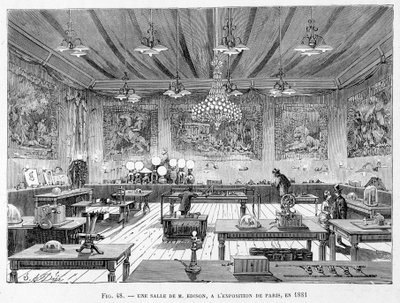 Edison úr szobája az 1881-es párizsi kiállításon – Louis Figuier „A tudomány új hódításai” című művében alkotó: French School