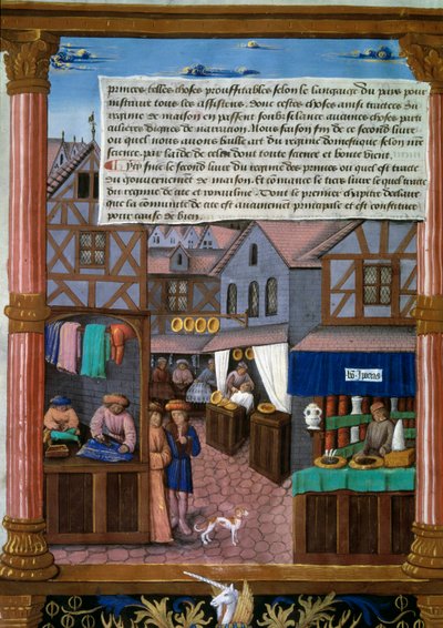 Egy rue de Paris visszhangokkal a 16. század elején Kéziratos oldal a „Livre du Gouvernement des Princes”-ből” Romain Gilles (16. század) Párizs, Bibliotheque de l