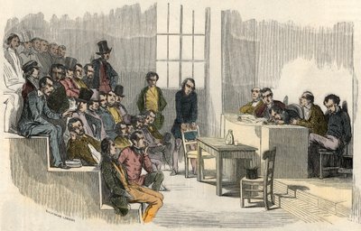 A 19. századi párizsi Sorbonne-i gyűjtőverseny szeánsza – Edmond Texier 1852-ben készült metszet „Tableau-de-Paris”-ban alkotó: French School