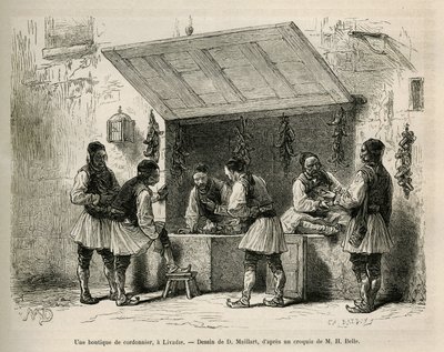 Egy cipészbolt és vendégköre Livadie-ban, D.Maillard rajza Henri Belle: Utazás és Görögország történetének illusztrálására alkotó: French School