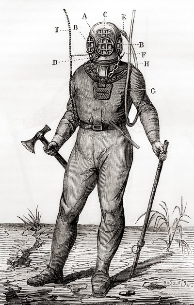 Egy szabványos búvárruha, amelyet Joseph-Martin Cabirol 1855-ben szabadalmaztatott, a „Les Merveilles de la Science”-ből, 1870 körül megjelent (metszet) alkotó: French School