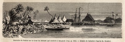 Paklat cukorgyára Thaiföld fő folyója, Menam ágánál, Sabatier rajza Henri Mouhot 1858-tól 1861-ig tartó Sziámi, Kambodzsa és Laosz királyságába vezető utazásának illusztrálására. ”, szerkesztette Edouard Charto alkotó: French School