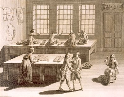 Egy szabóműhely Denis Diderot (1713-84) Encyclopedie des Sciences et Metiers-ből, 1770 körül. alkotó: French School