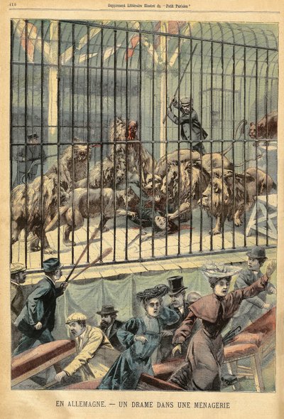 Egy szelídítőt felfalnak az oroszlánjai egy menazsériában a németországi Dessauban. Metszet a „Le Petite Parisien”-ben, 1903.12.27. alkotó: French School