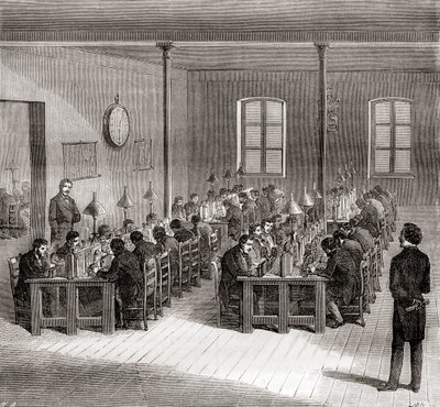 Egy távíróállomás Párizsban, Franciaországban 1870 körül, a Les Merveilles de la Science-ből, 1870 körül megjelent (metszet) alkotó: French School