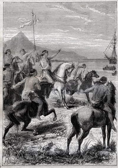 Egy csapat lóháton fehér zászlót viselt: John Byron admirálist (1723-1786) Cape des Virgins bennszülöttei fogadták a Magellan