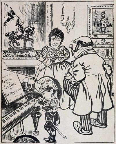 Használt bronz, karikatúra csatahajókkal, kotta Deroulede zongorára és Jeanne d