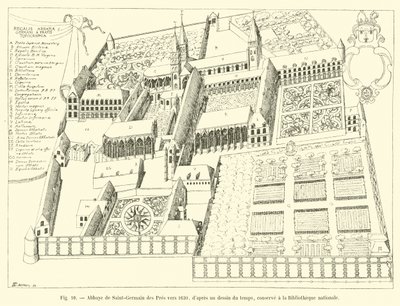 Saint-Germain des Pres-i apátság 1630 körül, egy korabeli rajzból, a Nemzeti Könyvtárban őrzik alkotó: French School